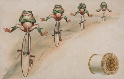 Frogs Performing Tricks Riding Penny Farthings, Advertisement for J & P Coats Cotton by American School